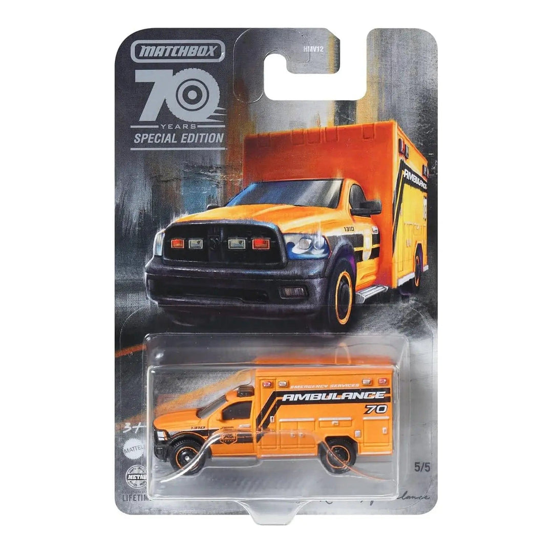 Orange Ram Ambulance Matchbox 70 years special edition die cast car in packaging