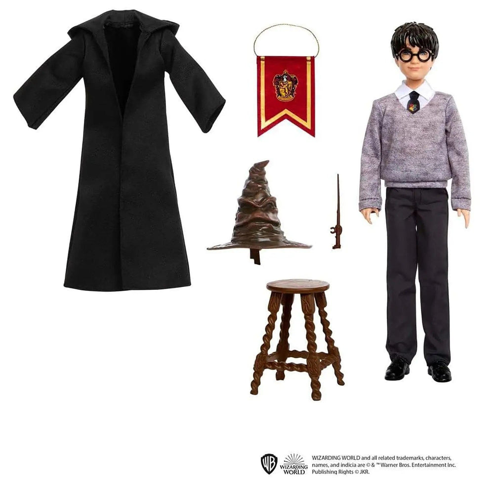 Harry Potter figure with Hogwarts black cloak, the sorting hat, wand, stool and Gryffindor pennant