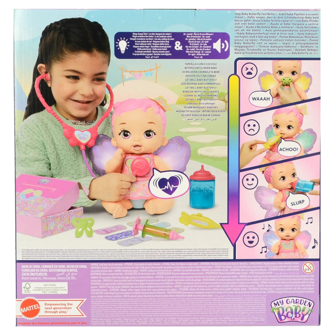 Back of the pack of Get Well Baby Butterfly doll showing girl listening to the heartbeat