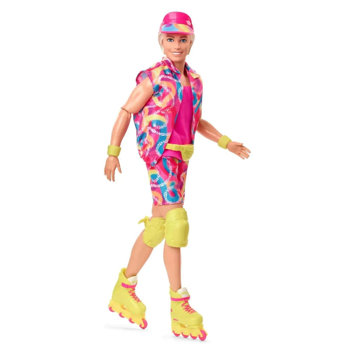 Barbie the Movie Ken doll wearing roller skates, knee pads, belt bag, sun visor and brightly coloured summer outfit