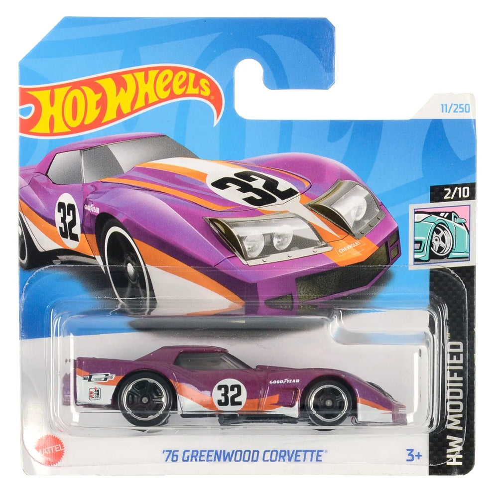 Hot Wheels Modified series purple '76 Greenwood Corvette car in collectors packaging