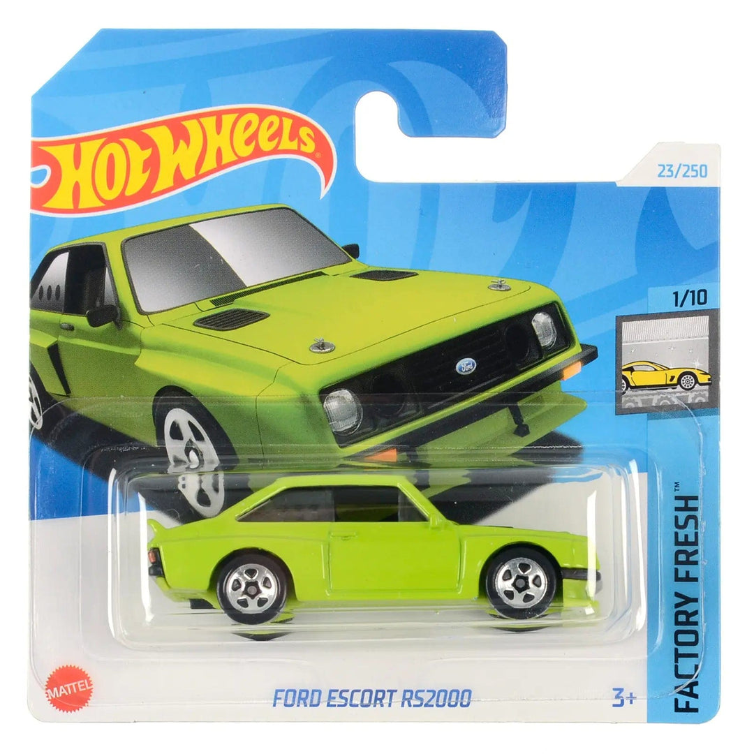 Hot Wheels Factory Fresh series lime green Ford Escort RS2000 die-cast car in collectors packaging