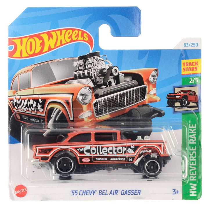 Hot Wheels Reverse Rake series 55 Chevy Bel Air Gasser die-cast vehicle in packaging