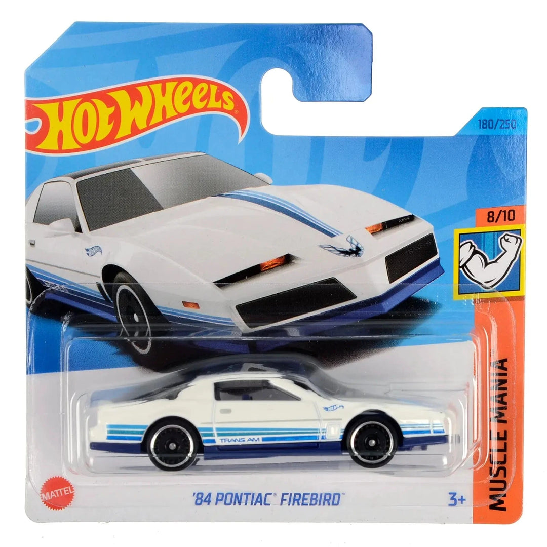 White '84 Pontiac Firebird car from the Hot Wheels Muscle Mania series