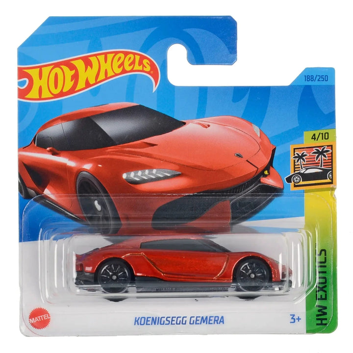 Red Koenigsegg Gemera Hot Wheels Exotics die-cast car in display packaging