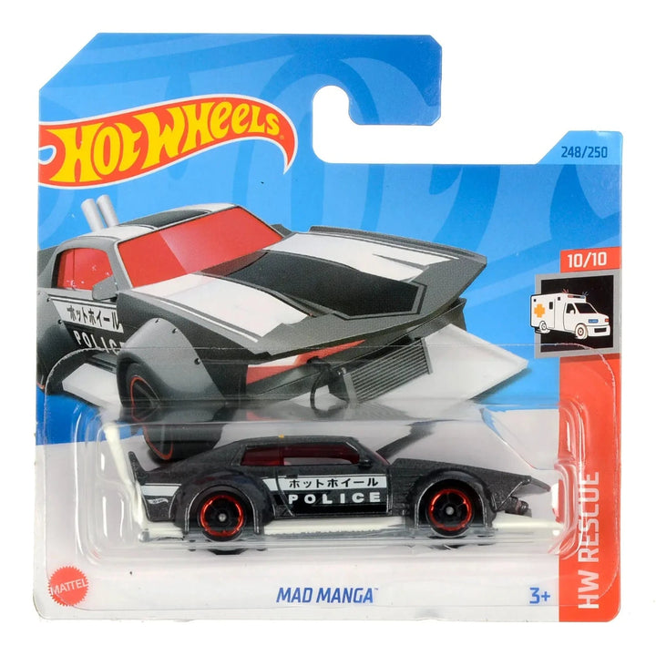 Mad Manga Police Car Hot Wheels Rescue die-cast car in display packaging