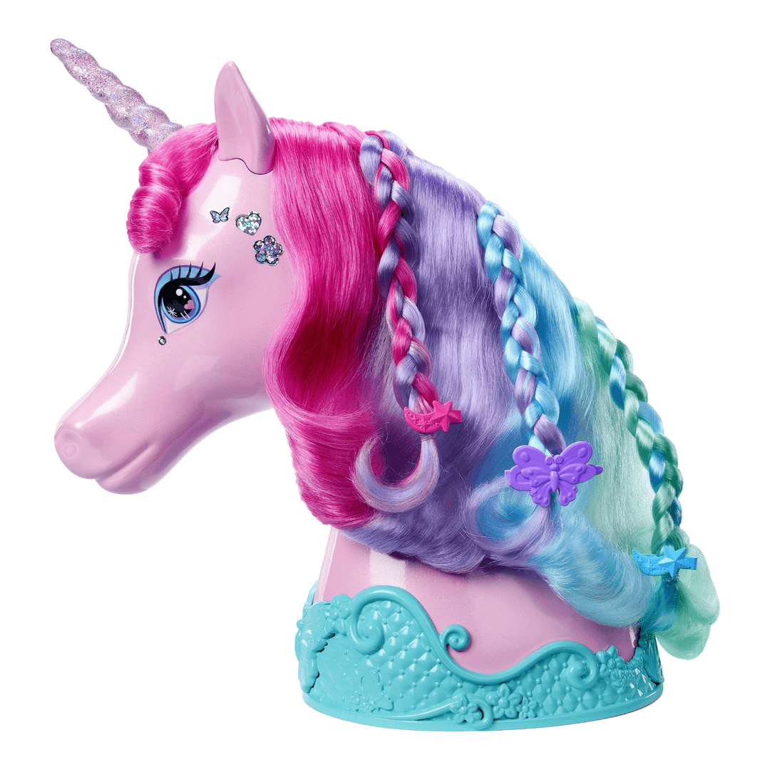 unicorn styling head with rainbow hair, glittery unicorn horn, shimmer stickers and hair clips in braided hair