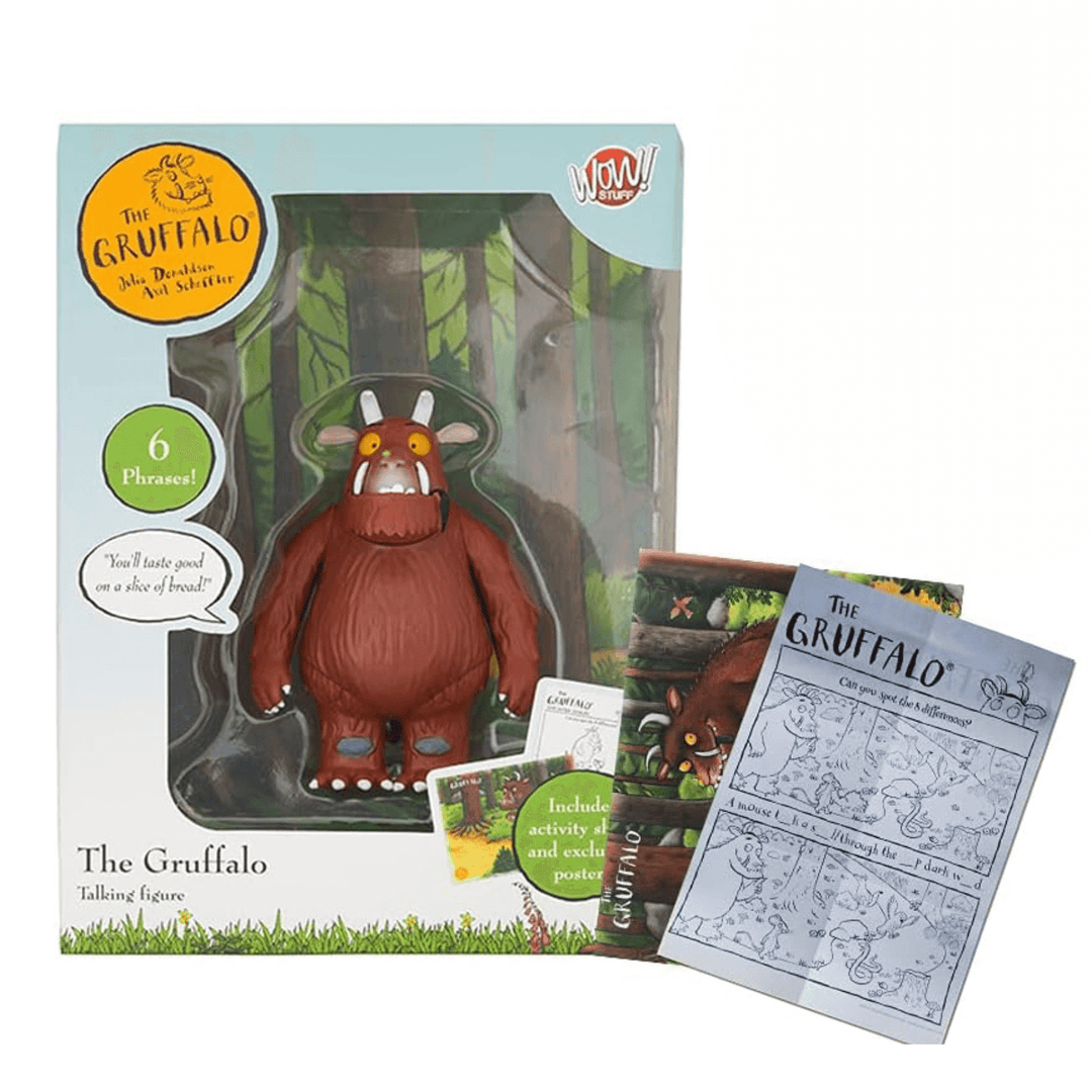 the gruffalo talking toy figure in box packaging with activity sheet and poster to the side folder