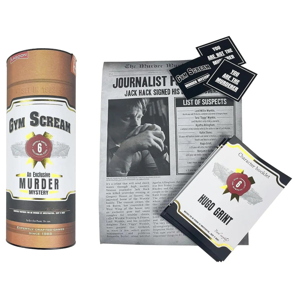 Gym Scream murder mystery game showing newspaper page, murderer cards and character booklets for your guests