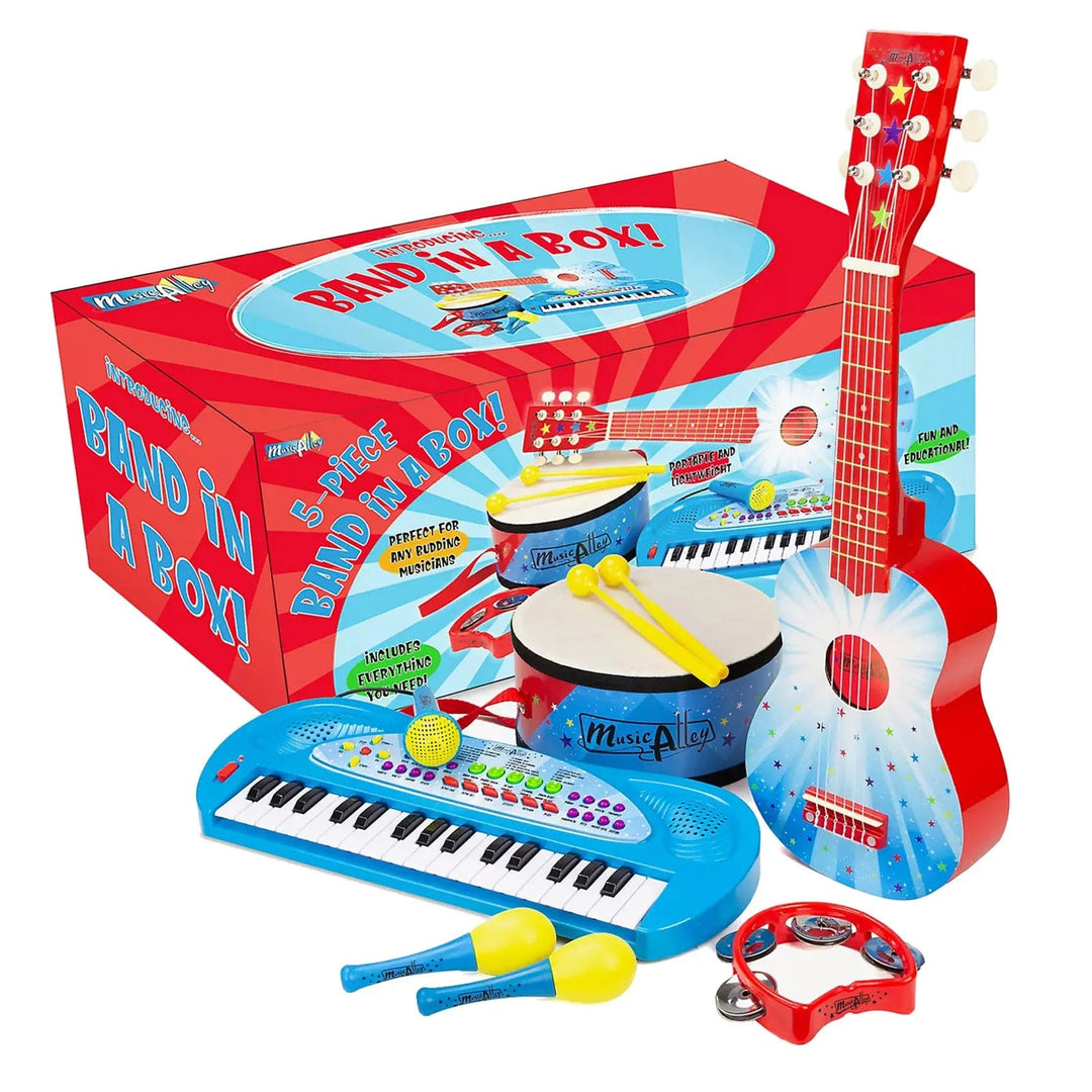 5 Piece Band in a box with guitar, keyboard, drum, maracas and tambourine musical instruments for kids