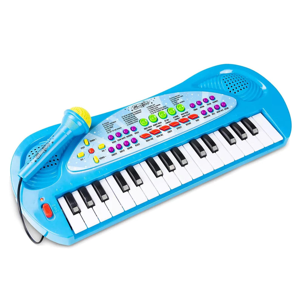 Kids blue keyboard with microphone and demo sounds and beats