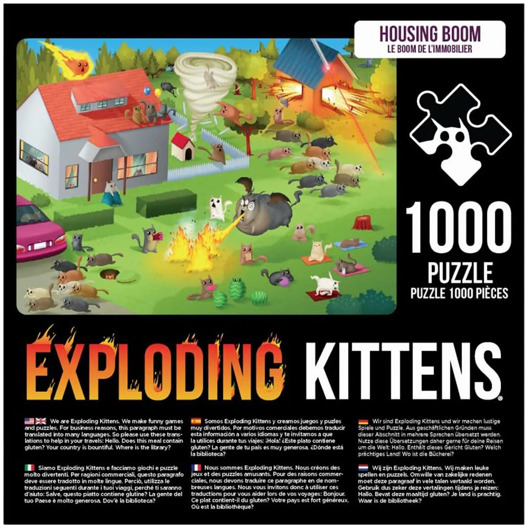 Back of the box of Housing Boom design Exploding Kittens 1000 piece jigsaw puzzle