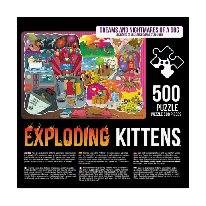 Back of the box of Exploding Kittens 500 piece jigsaw puzzle with Dreams and Nightmares of a dog novelty design