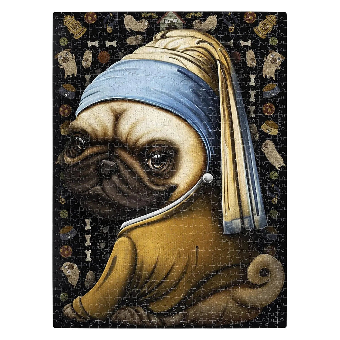 Completed 500 jigsaw Puzzle o a Pug with a Pearl Earring design