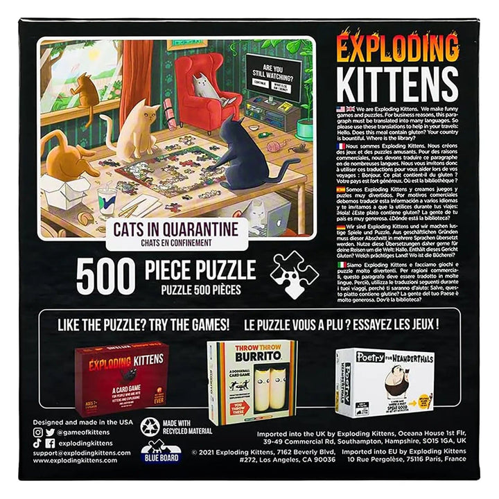 Back of the box of a 500 piece Exploding Kittens jigsaw puzzle with cats in quarantine design