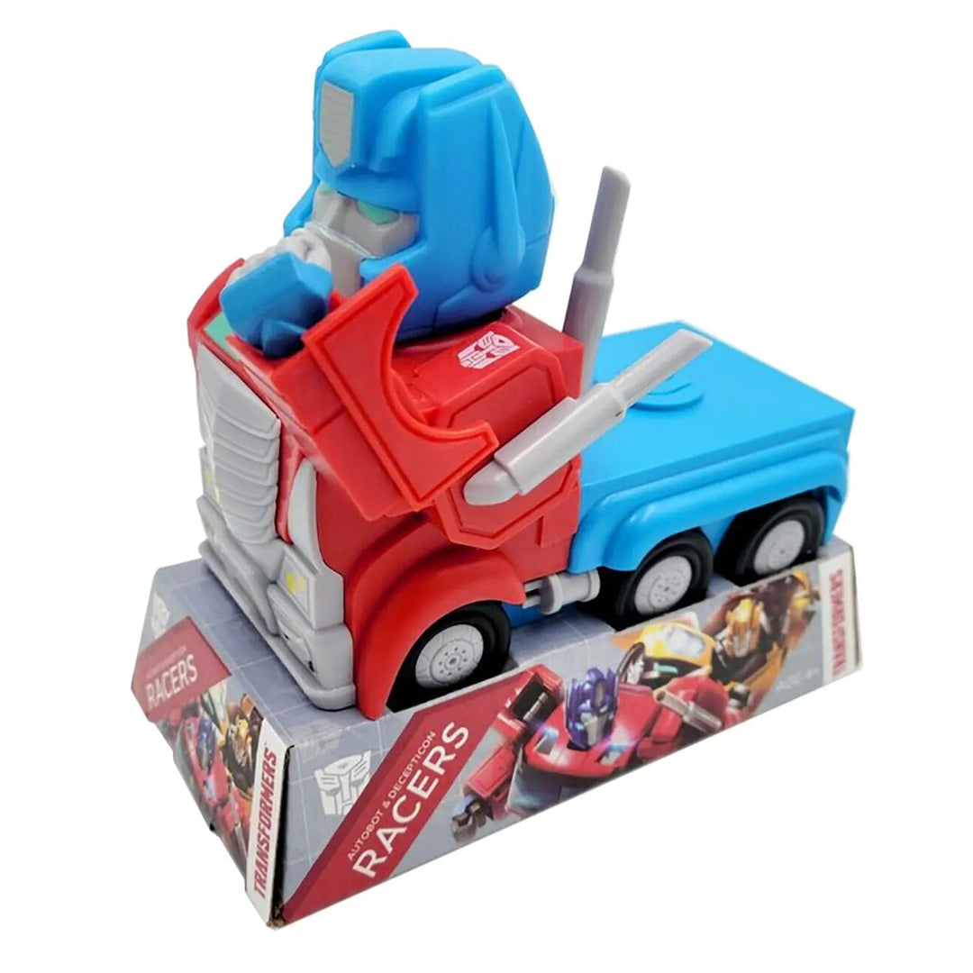 Transformers pull back racer Optimus Prime truck in blue and red