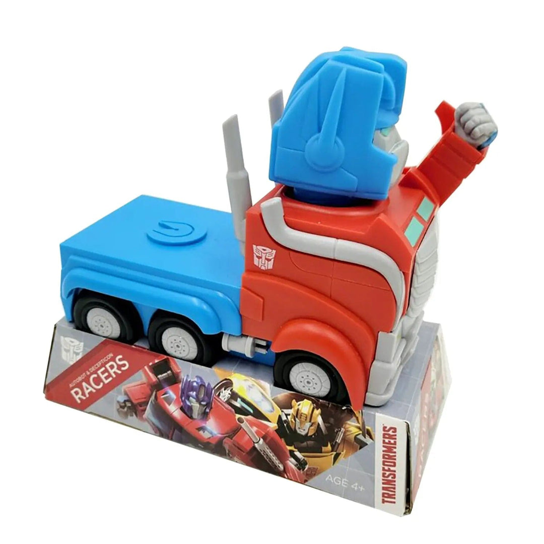 Transformers Optimus Prime blue and red pull back racer truck on box packaging