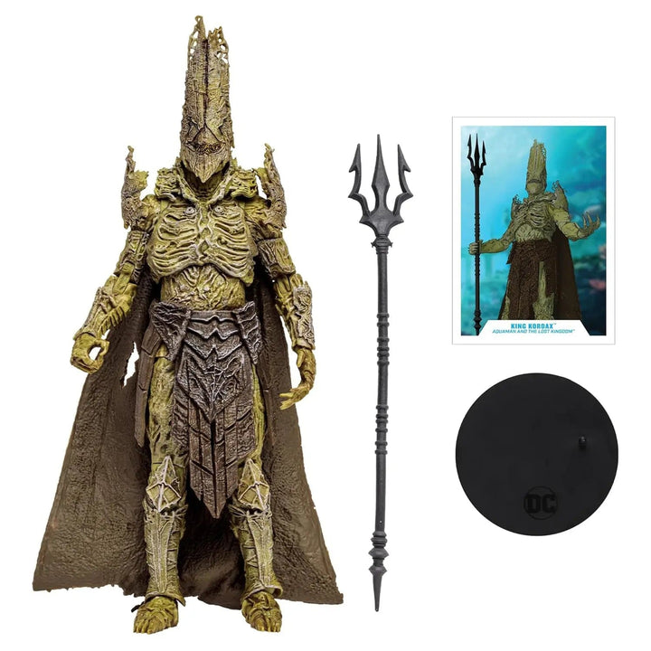 King Kordax from Aquaman collectible figure with stand, weapon and collector art card