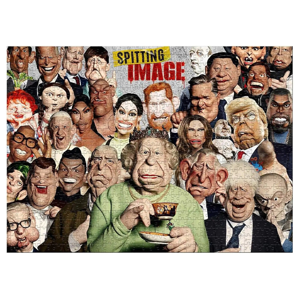 Completed Spitting Image puppets 1000 piece jigsaw puzzle, showing the Queen having a cup of tea, the pope, Donald Trump and Boris 