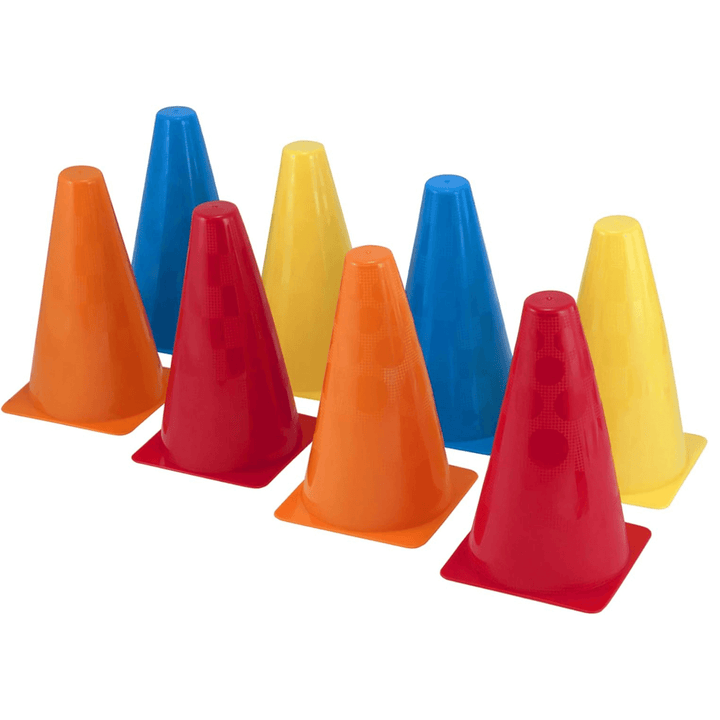 8 kids activity cones sitting together in colour coordination