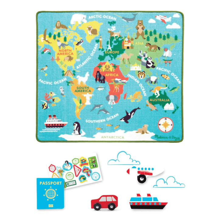 travel mat and accessories including wooden vehicles, pretend passport with travel stickers