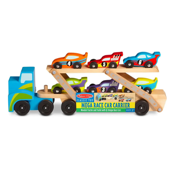 Melissa & Doug Mega Race Car Carrier wooden truck with 6 race cars