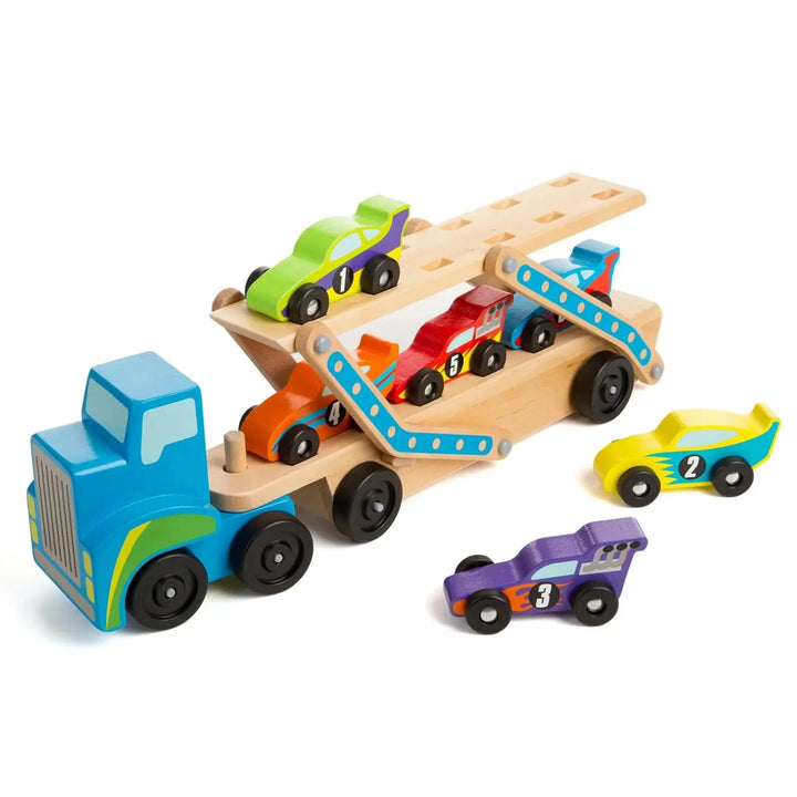 Wooden race cars with transporter truck