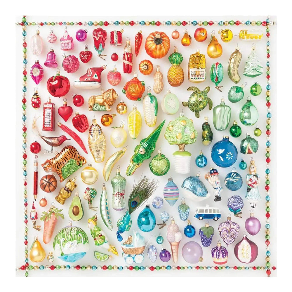 Rainbow coloured Christmas tree ornaments of all shapes and sizes