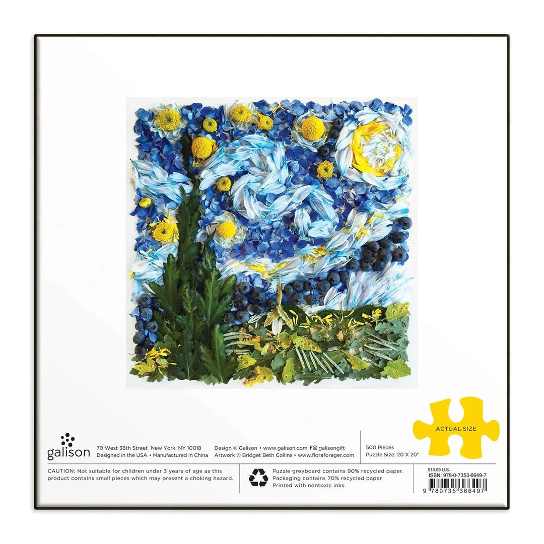 Back of the box of Starry Night Petal jigsaw puzzle with 500 pieces inspired by Van Gogh painting