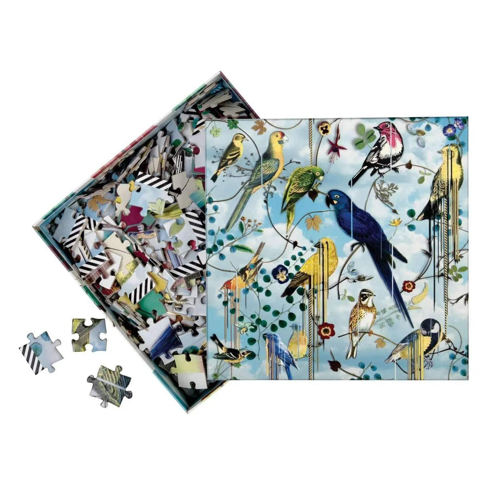 Christian Lacroix birds jigsaw puzzle with the box open to show pieces