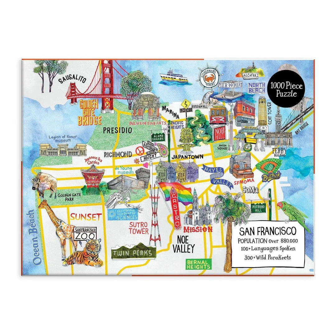 Illustrated map of the landmarks of San Francisco including the Golden gate Bridge