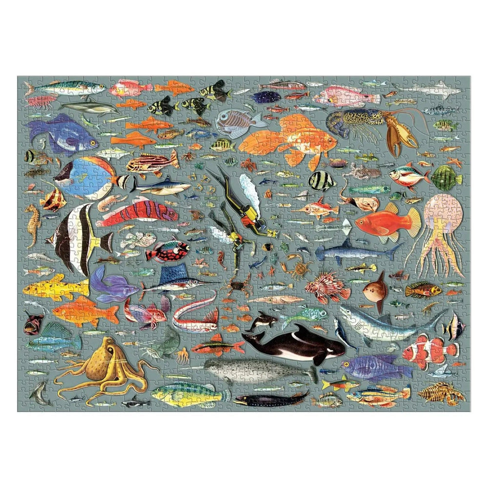 Completed Deepest Dive 1000 piece jigsaw puzzle with 20 special ocean creatures shaped pieces