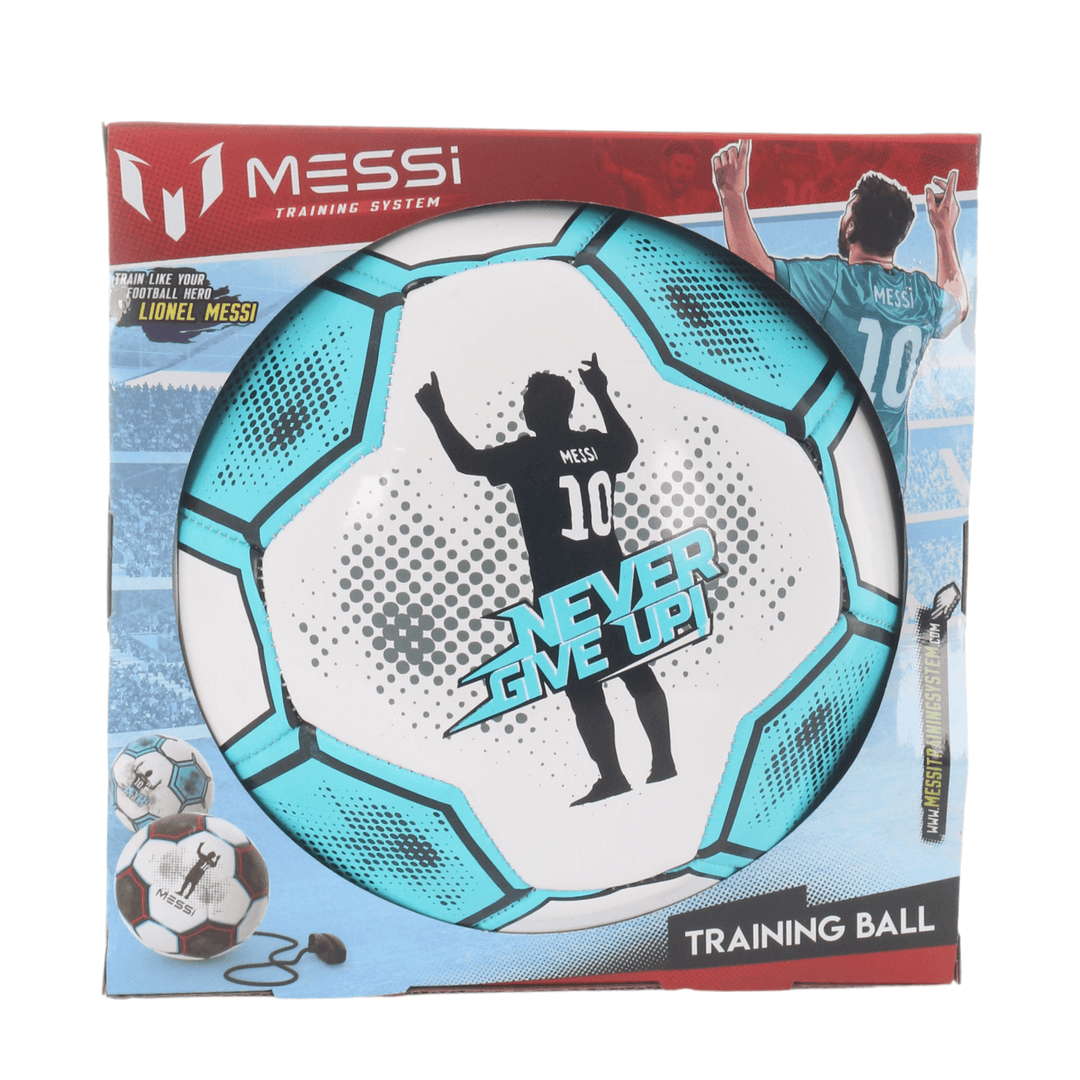 reverse side of ball featuring never give up slogan with messi silhouette