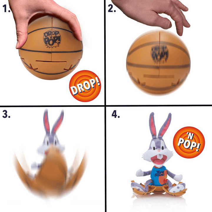 graphic highlighting how to operate toy - drop basketball and watch it hatch open and pop out a looney tunes character