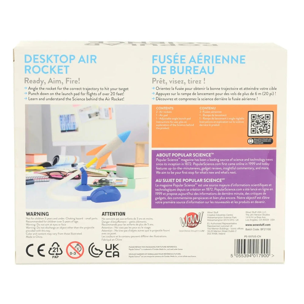 Back of the box of Popular Science desktop air rocket kit for STEAM learning