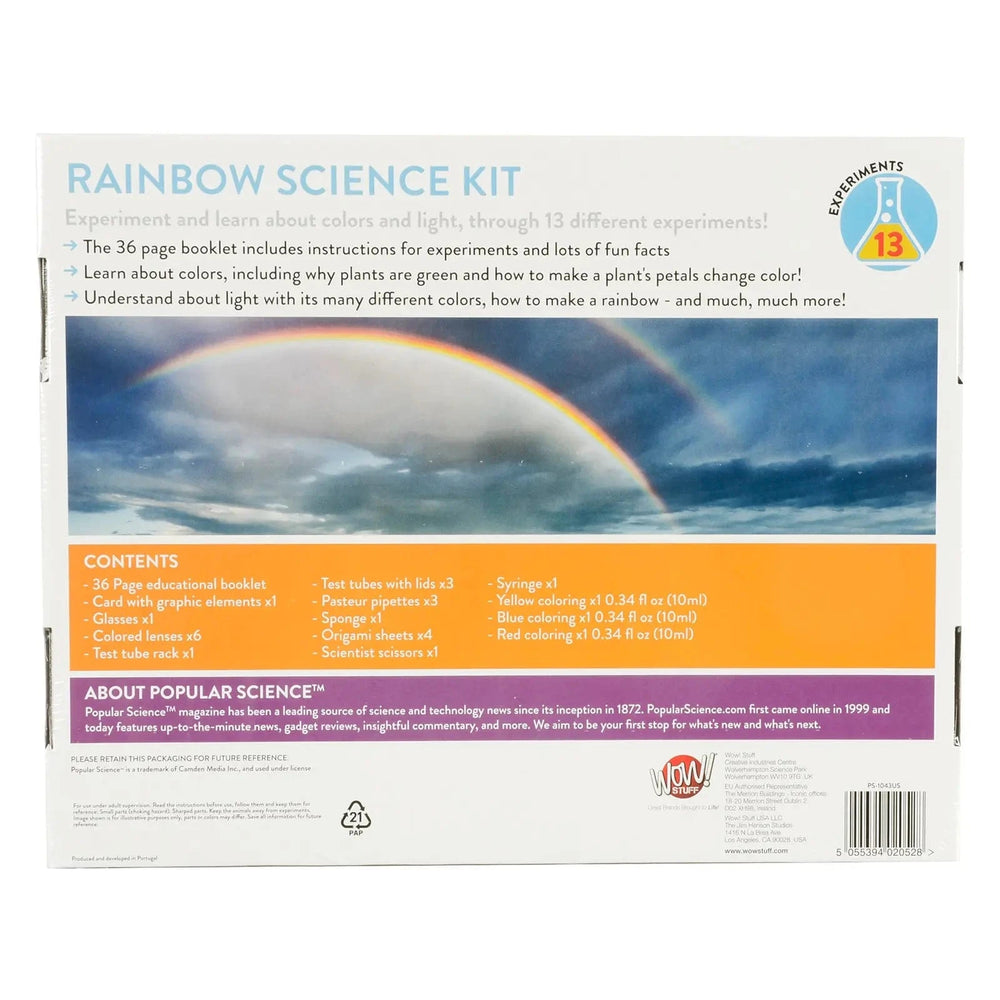 Back of the box of a Rainbow science kit with 13 experiment activities for children