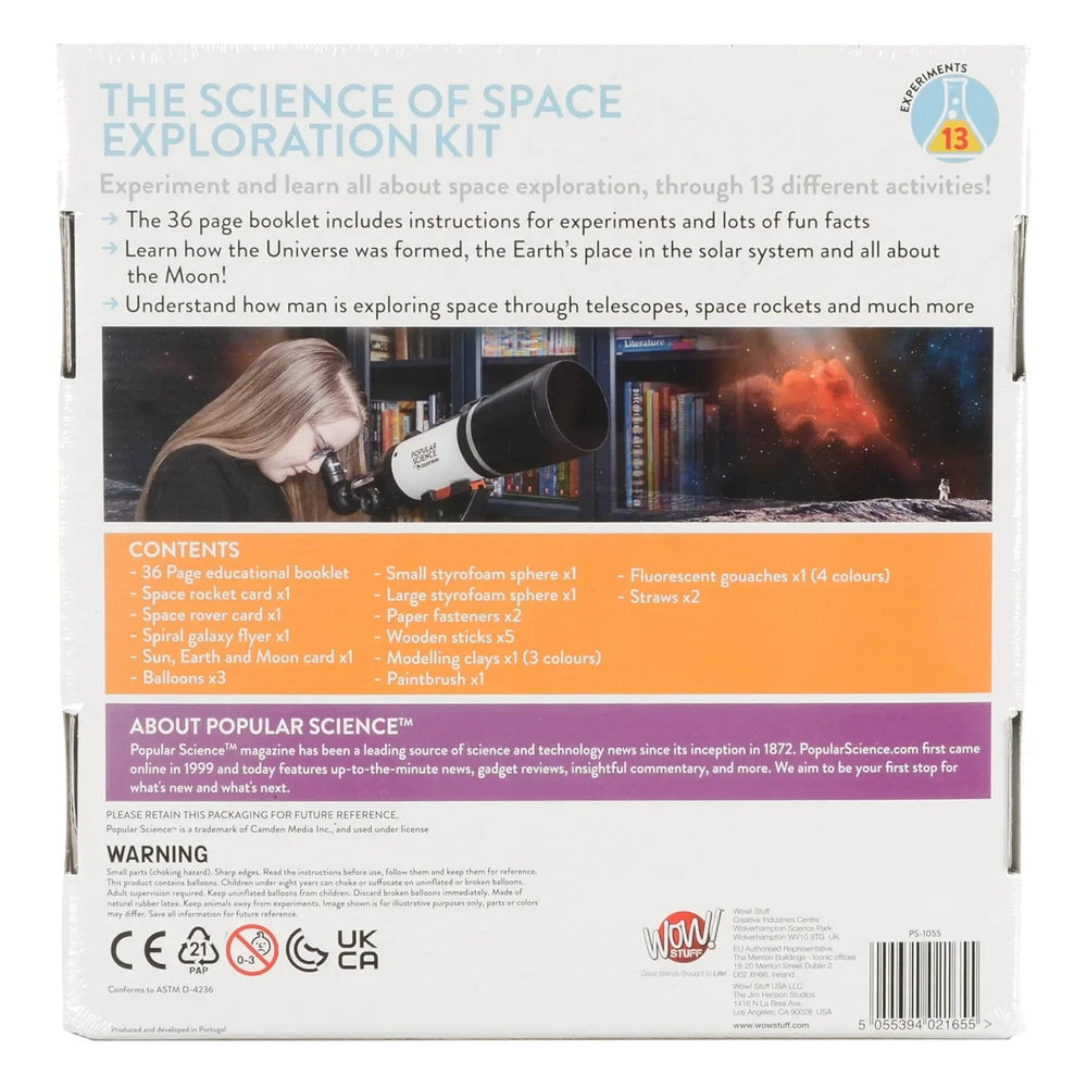 Back of the box of Popular Science The science of space exploration kit for children