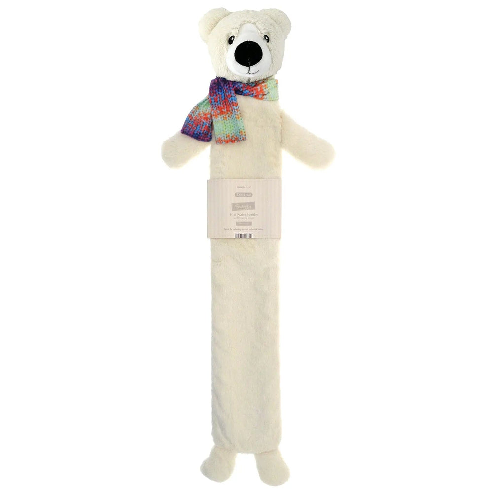 Long hot water bottle with novelty polar bear with scarf cover