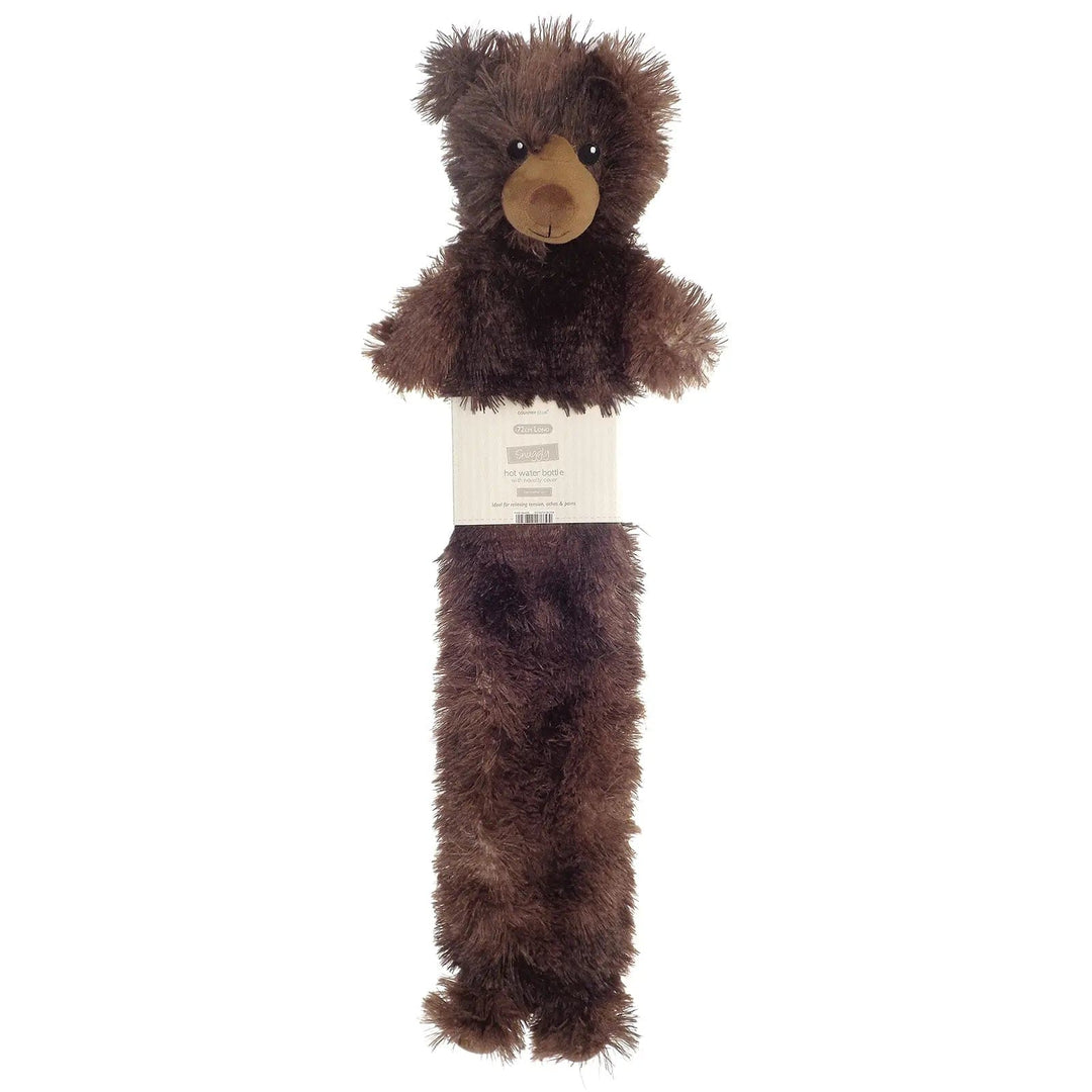 Long hot water bottle with novelty brown bear cover