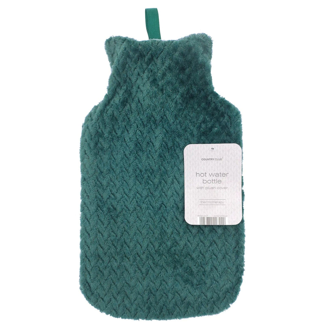 Teal coloured fleece cover hot water bottle with lattice pattern and hanging loop