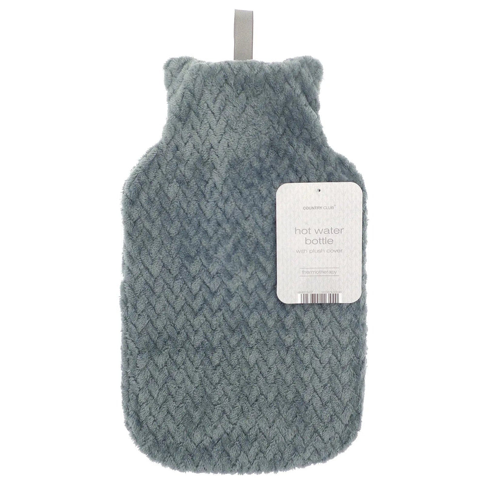 Plush grey fleece lattice pattern cover on a hot water bottle