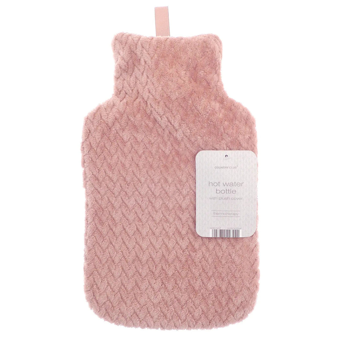 Blush pink coloured fleece cover hot water bottle with lattice pattern and hanging loop