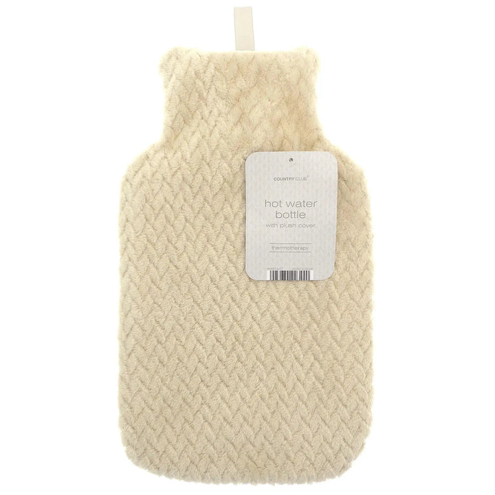 Hot water bottle with cream colour fleece cover and hanging loop