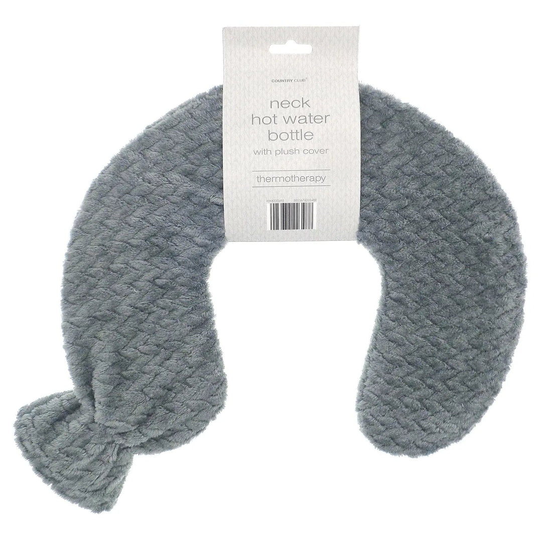 Plush grey fleece covered neck hot water bottle