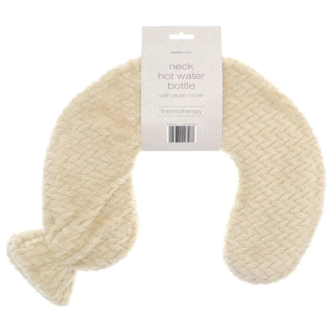 U shaped neck hot water bottle with cream colour, lattice pattern fleece cover