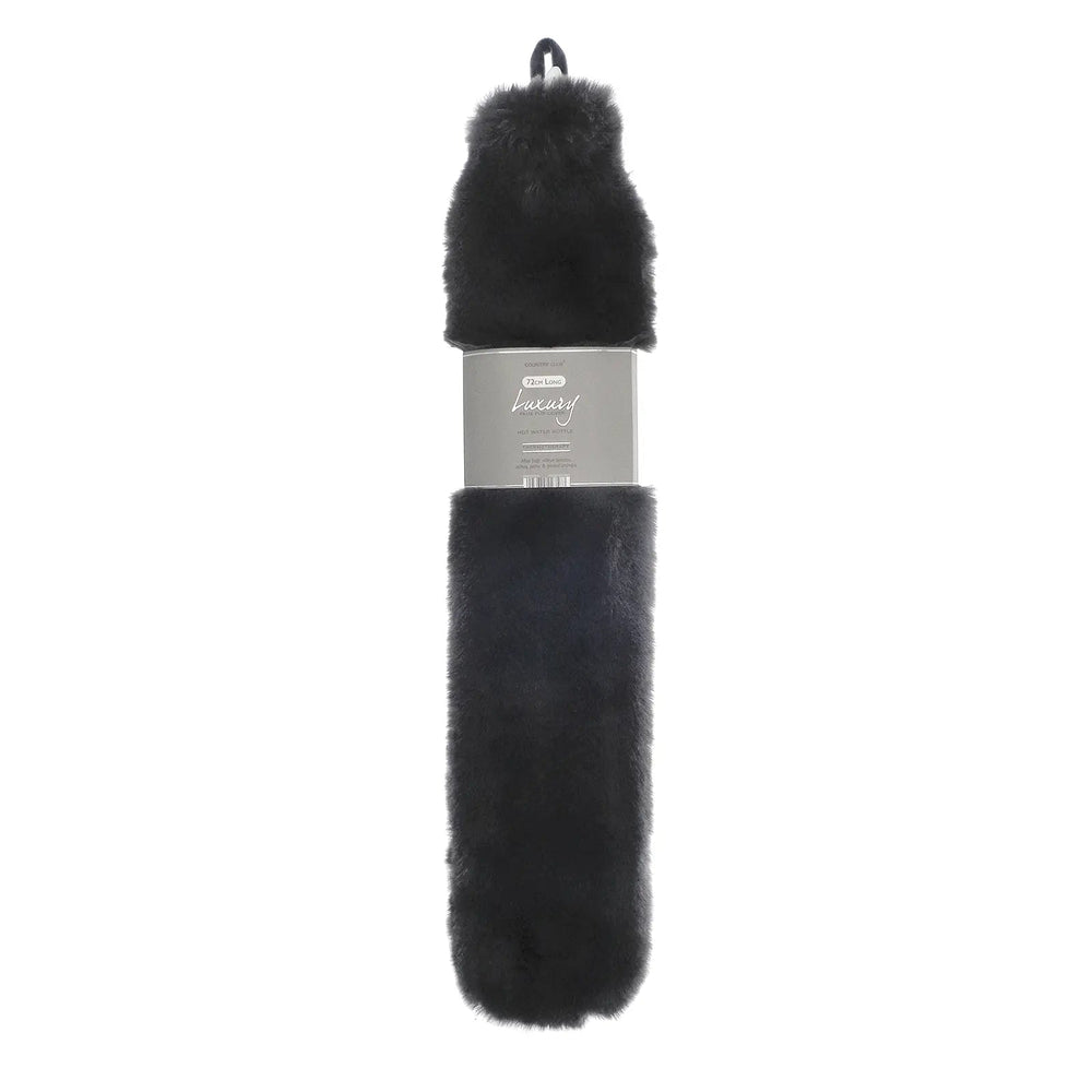 Long hot water bottle with dark grey faux fur cover and hanging loop