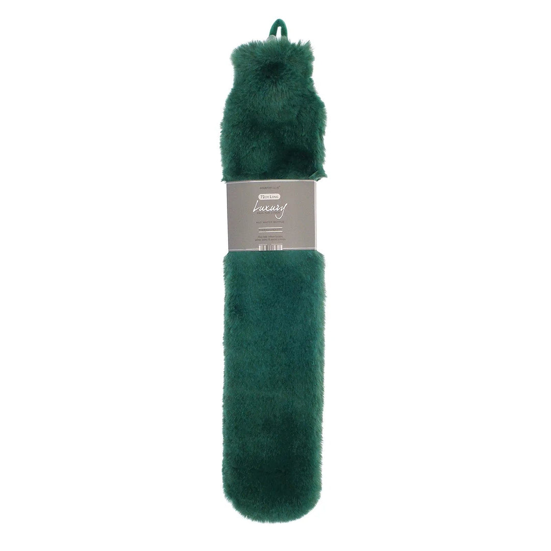 Long hot water bottle with dark green faux fur cover and hanging loop