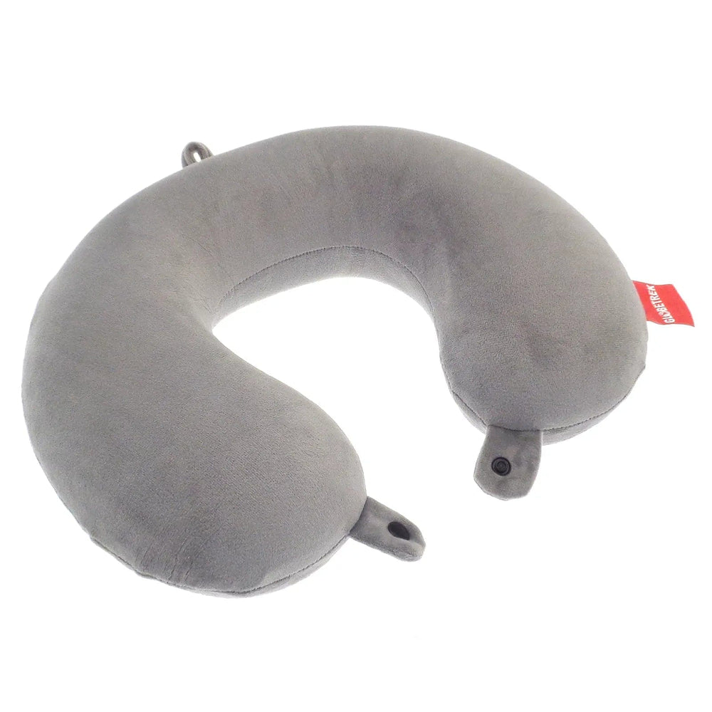 Grey plush memory foam neck cushion with popper fastening at the front