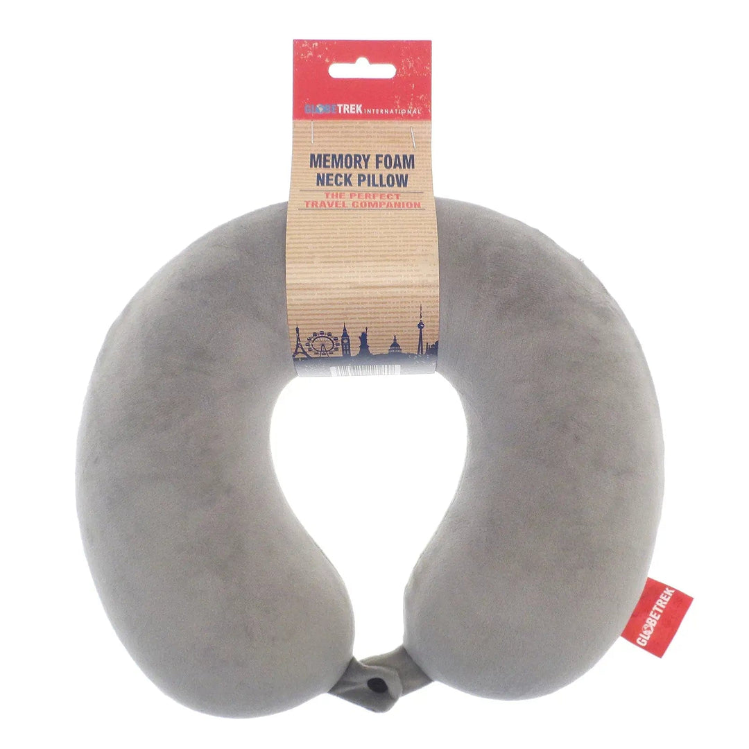 Grey plush fabric neck pillow with memry foam filling, ideal for long journeys and travel