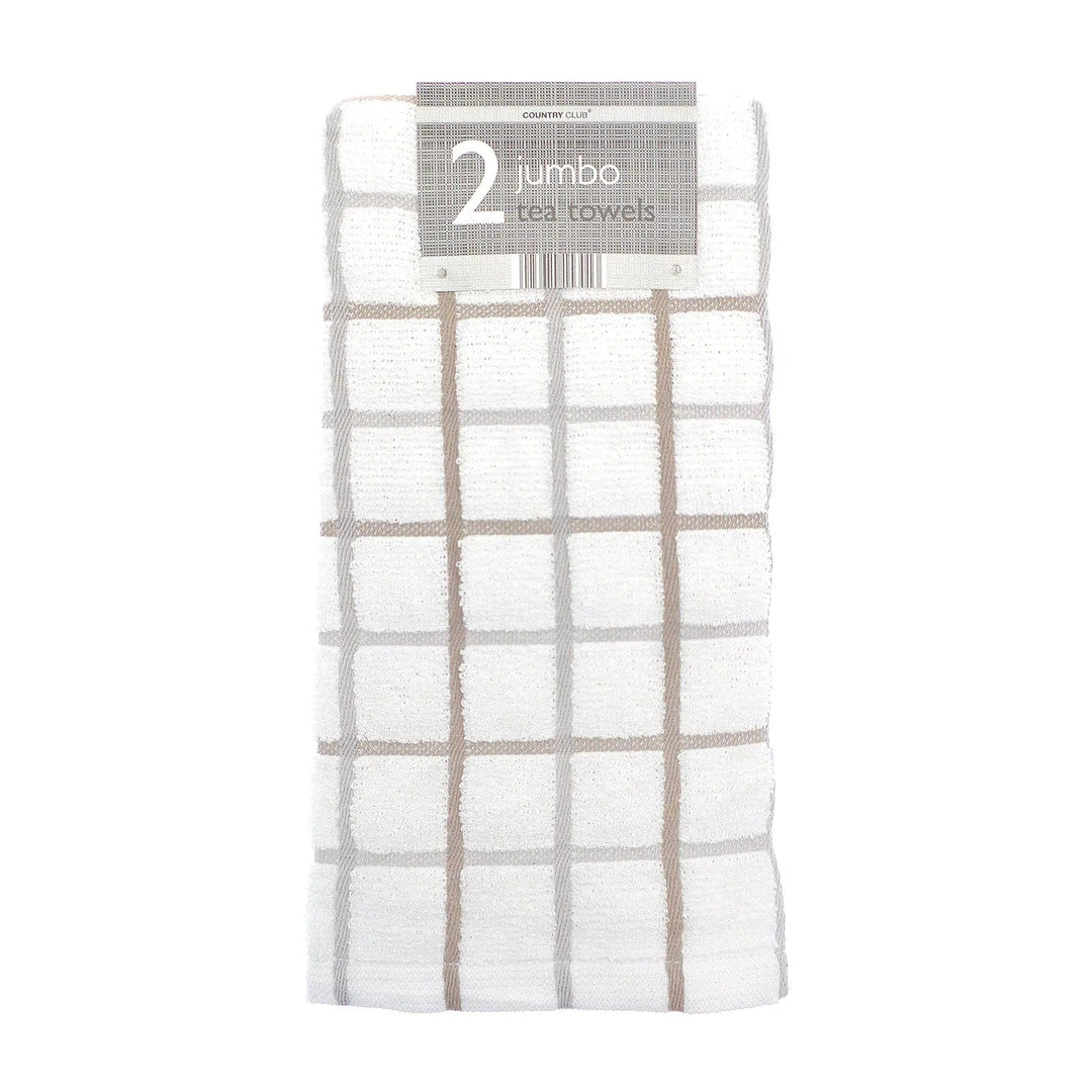 Pack of 2 jumbo tea towels in white with brown and grey checked pattern